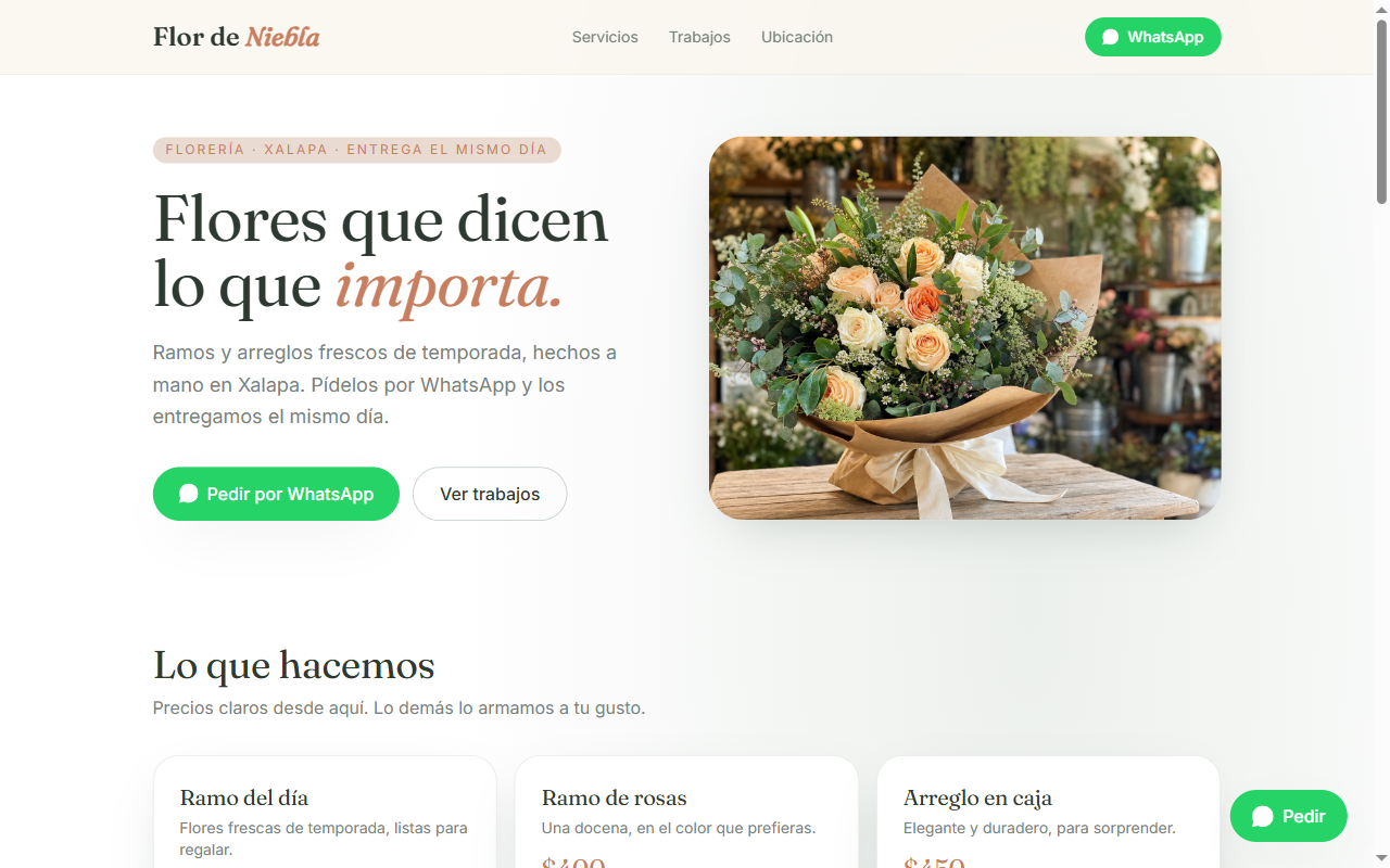 Página web de Flor de Niebla, una florería de Xalapa