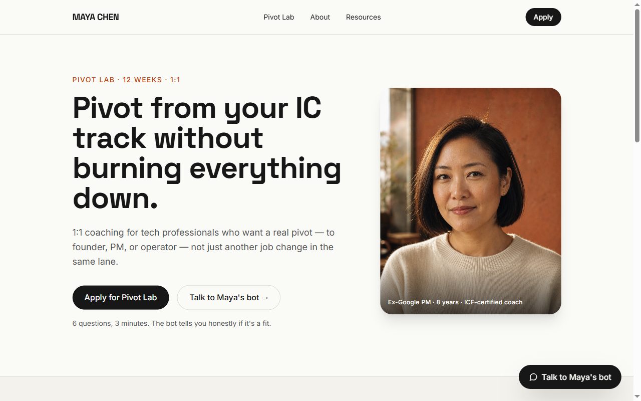 Pivot Lab landing — Maya Chen, fictional executive coach